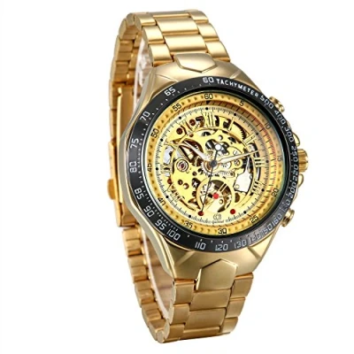 Image of JewelryWe Mens Skeleton Watches Gold Tone Steampunk Automatic Mechanical Classic Stainless Steel Wristwatch