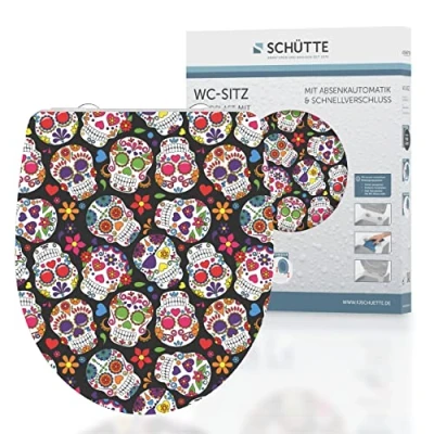 Image of Schütte Crazy Duroplast HG, high Gloss Soft Close Mechanism, Quick Release for Easy Cleaning, max. Load of The Toilet seat 150 kg, Skull Motif 82586