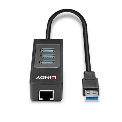Image of LINDY USB 3.1 Type A to Gigabit LAN 3 Port Hub Adapter for Ultrabook and Tablet, Black