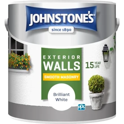 Image of Johnstone&#039;s, Exterior Smooth Masonry Paint, Brilliant White, Up to 15 Years Protection, Weather &amp; Dirt Resistant, 30m² Coverage Per Tin, Dry in 1 2 Hours, 2.5L
