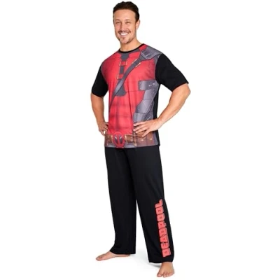 Image of Marvel Deadpool and Wolverine Mens Pyjama Set, Soft Comfortable PJs Loungewear Gifts for Men (Black/Red Deadpool, M)