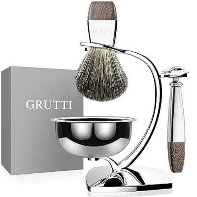Image of GRUTTI Shaving Set, Deluxe Chrome Razor and Brush Stand with Soap Bowl Badger Hair Safety (Double Edge &amp; Version)