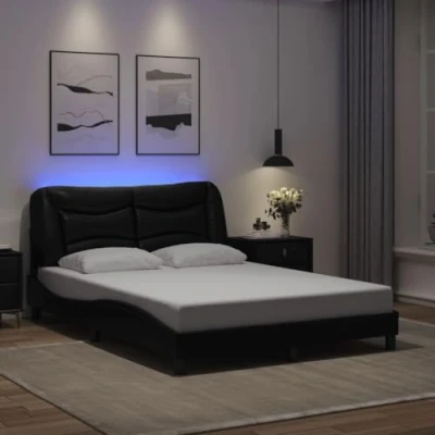 Image of vidaXL Black Faux Leather Double Bed Frame with Plywood Slats &amp; Colorful LED Lights Modern Bedroom Furniture 140x200cm