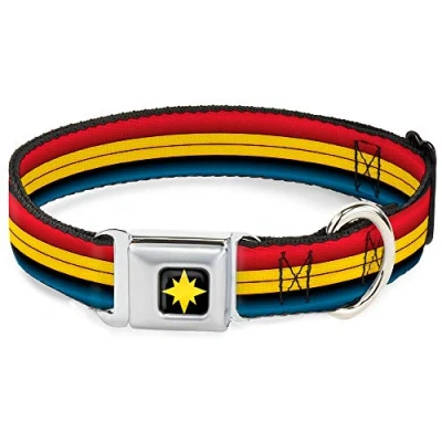 Image of Buckle Down Dog Collar Seatbelt Captain Marvel Stripe Red Gold Blue 18 to 32 Inches 1.5 Inch Wide, Multicolor, DC WMC064 WL