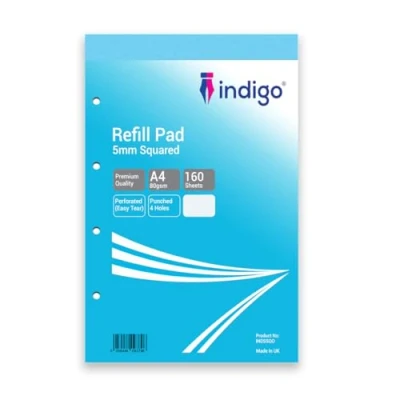 Image of indigo® A4 Refill Pad 160 Pages Headbound Perforated Punched Hole (Single, 5mm Squares)