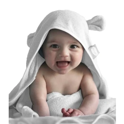 Image of Shnuggle Hooded Baby Towel Wearable Bath Towels with Hood Soft Absorbant Bamboo Cotton Cute Ears For Newborn Boy and Girl White