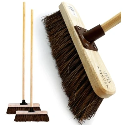 Image of 12 Outdoor Garden Broom with Wooden Handle Natural Stiff Bassine Hard Bristle Durable Support Bracket Yard Brush Heavy Duty Cleaning Sweeping (PACK OF 2)