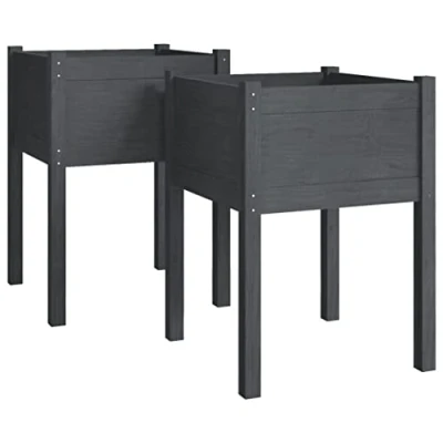 Image of vidaXL 2x Solid Pinewood Garden Planters Outdoor Patio Terrace Backyard Wooden Raised Bed Flower Box Planter Pot Stand Vegetable Herb Grey