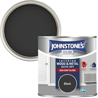 Image of Johnstone&#039;s Quick Dry Gloss Black Finish Water Based Interior Wood &amp; Metal Radiator Paint Low Odour in 1 2 Hours 3m2 Coverage per Litre 0.25 L