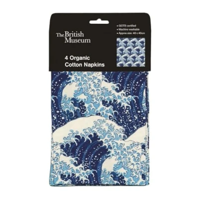 Image of Cloth Napkins Set of 4 Organic Cotton The Great Wave by Hokusai British Museum Design Reusable Tableware