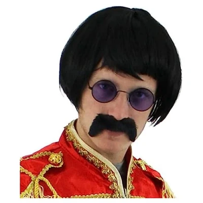 Image of 60S ROCK SERGEANT SET BLACK SHORT WIG + COLOURED ROUND GLASSES MOUSTACHE CELEBRITY FANCY DRESS ACCESSORY KIT POP