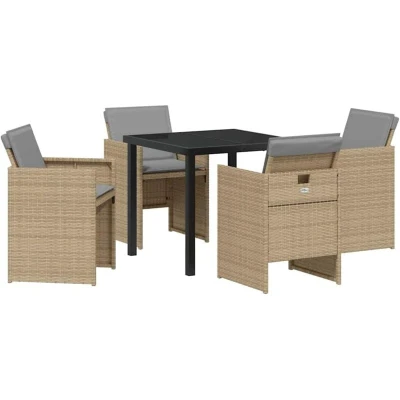 Image of vidaXL 5 Piece Garden Dining Set with Cushions in Beige Poly Rattan