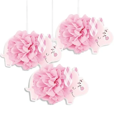Image of Charming Pink Floral Elephant Tissue Pom Decorations (22cm) Adorable &amp; Unique Design Perfect for Themed Parties, Showers Celebrations 3ct