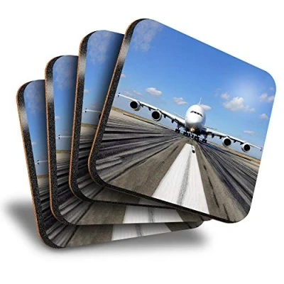 Image of Destination Vinyl ltd Great Coasters (Set of 4) Square A380 Airbus Plane Runaway Pilot Drink Glossy Coasters/Tabletop Protection for Any Table Type #8108