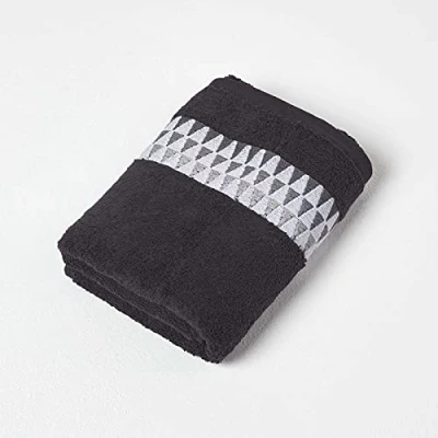 Image of HOMESCAPES Geometric Pattern Black Hand Towel 100% Cotton Super Absorbent &amp; Soft Small Guest with Retro Design