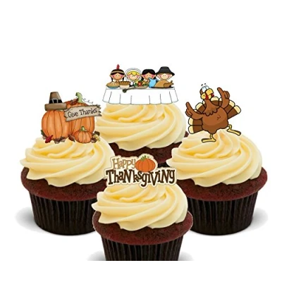 Image of Made4You Happy Thanksgiving Edible Cupcake Toppers Stand up Wafer Cake Decorations (Pack of 12)
