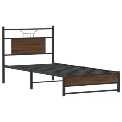 Image of vidaXL Bed Frame Single 90x190 cm Metal &amp; Engineered Wood Brown Oak Storage Space, No Mattress