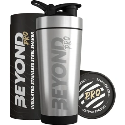 Image of Beyond Shakers Pro Insulated Metal Protein Shaker, Stainless Steel Supplement Bottle BPA Free for Gym 735ml in Brushed