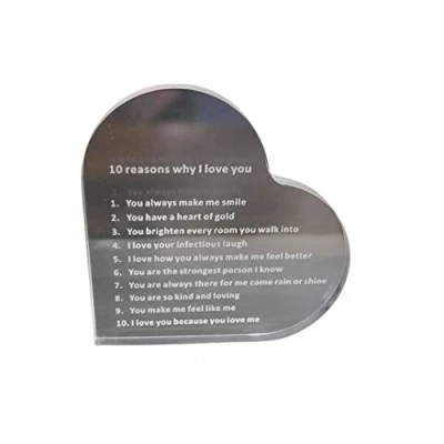 Image of Heart Shaped Paperweight Engraved Message Plaque &#039;10 Reasons Why I Love You&#039; Valentines Day Gift for Her Loveheart Table Weight Birthday Wedding Mum Dad Boyfriend Girlfriend