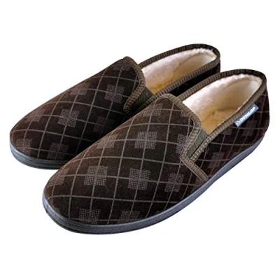 Image of Dunlop Mens Plush Fur Lined Memory Foam Plaid Checked Moccasin Slippers with Hard Sole (11 UK, Brown)