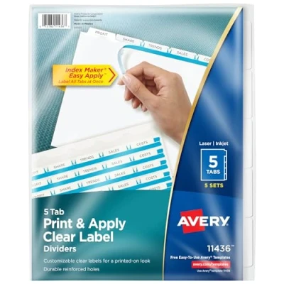 Image of Avery 11436 Print &amp; Apply Clear Label Dividers w/White Tabs, 5 Tab, Letter (Pack of Sets)