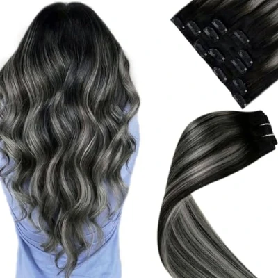 Image of LaaVoo Clip in Hair Extensions Real Human Black with Natural Silver Seamless Remy 14 Inch 5pcs 80g #1b/s/1b