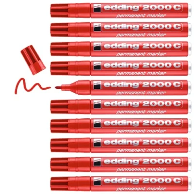Image of edding 2000 C permanent marker red box of 10 round nib 1.5 3 mm quick drying markers waterproof, smudge proof for cardboard, plastic, wood, metal, fabric pen