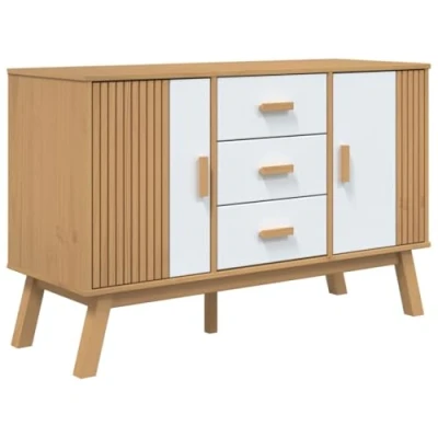 Image of vidaXL Olden Sideboard White/Brown, Solid Pine Wood, 114x43x73.5cm 3 Drawer/2 Door Buffet for Living Room/Bedroom/Hallway Storage