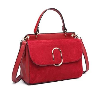 Image of Miss Lulu Ladies Shoulder Bag Medium Top Handle with Faux Leather and Suede Vintage Flap Handbag/Crossbody Oval Metal Decoration Elegant Exquisite