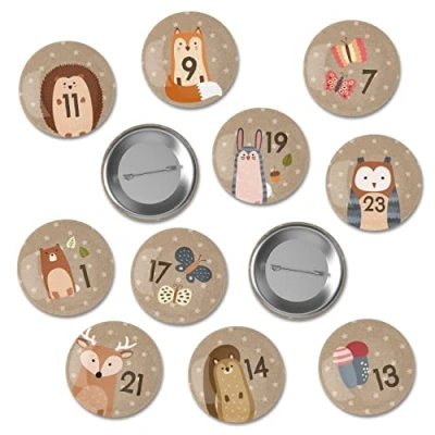 Image of Papierdrachen 24 Advent Calendar Number Buttons 35 mm Lapel Pins for Decorating Calendars with Numbers from 1 Forest Animals Ideal Fabric Bags, Bags and