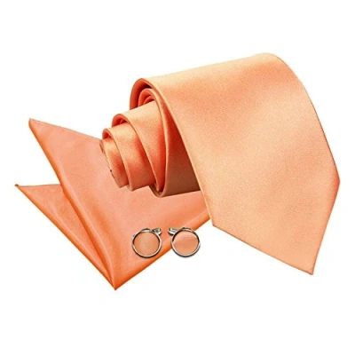 Image of DQT Men Plain Satin 9cm Wide Tie + Pocket Square &amp; Cufflinks Set Coral