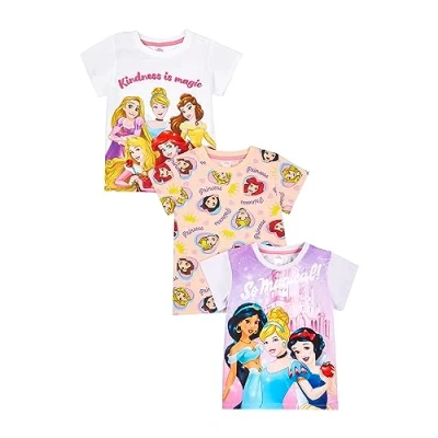 Image of Disney Princess Girls T Shirts Pack of 3, 3PK Shirts, Summer Tops for (7 8 Years) Multicoloured