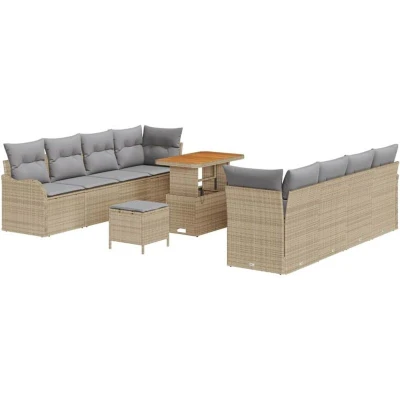 Image of vidaXL 11 Piece Garden Sofa Set with Cushions Beige Poly Rattan Acacia