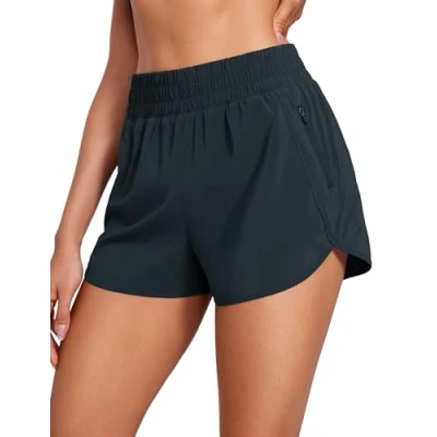 Image of CRZ YOGA Women&#039;s High Waist Running Shorts 3&#039;&#039; Mesh Liner Quick Dry Athletic Gym Workout with Zipper Pocket True Navy 10