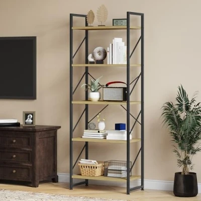 Image of YITAHOME Bookcase 5 Tiers, Floor Standing Book Shelf, Wooden Shelf and Metal Frame Rack, Display Storage Rack Shelving Units for Living Room, Home Office Wood Color Bookshelf