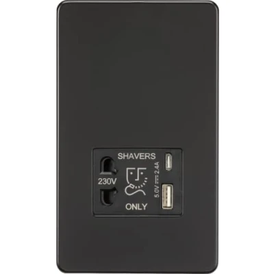 Image of KnightsBridge Shaver socket with dual USB A+C (5V DC 2.4A shared) matt black