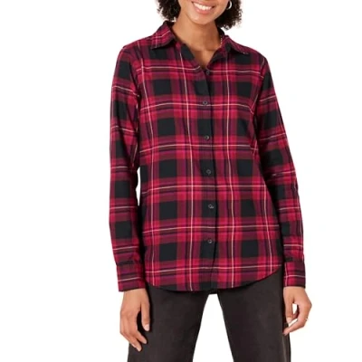 Image of Amazon Essentials Women&#039;s Classic Fit Long Sleeve Lightweight Plaid Flannel Shirt, Black Pink Chelsea Tartan, M