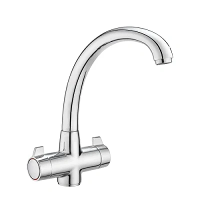 Image of JASSFERRY Chrome Monobloc Mixer Tap for Kitchen Sink Swivel Spout Twin Dial Lever Handles Ceramic Valve Cartridge