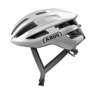 Image of ABUS PowerDome road bike helmet lightweight with clever ventilation system and aerodynamic profile Made in Italy for men women silver, size L