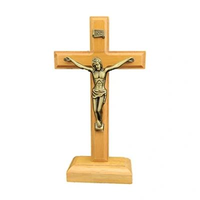 Image of yanwuwa Table Wood Catholic Cross With Stand Religious Christian Standing Crucifix Church Home Shelf Tabletop Decoration