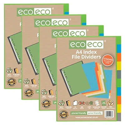 Image of eco A4 50% Recycled Multipunched Reinforced Colour Set 10 Subject Index File Dividers 200mic (Pack of 4) 907608