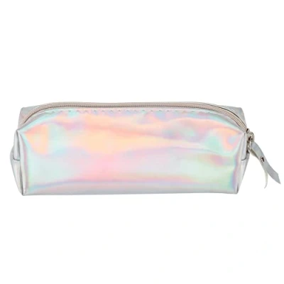 Image of LA HAUTE Holographic Pu Leather Pencil Case Zipper Pen Holder Shiny Cosmetic Bag, Silver White