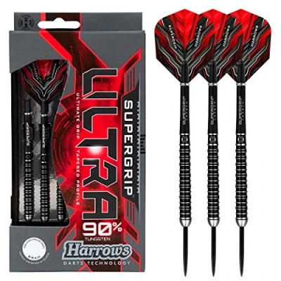 Image of Harrows Supergrip ULTRA 90% Tungsten Steel Tip Darts Set. Available in 21g, 22g, 23g, 24g, 25g, 26g, 28g &amp; 30g Includes Carbon Shafts, Flights Travel Case 24g