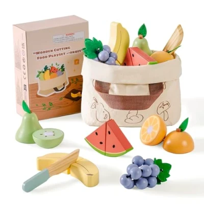 Image of ROBOTIME Wooden Fruit Play Food Cutting Set for Kids Realistic with Banana, Pear, Watermelon, Grapes &amp; Accessories, Montessori Early Learning Toys