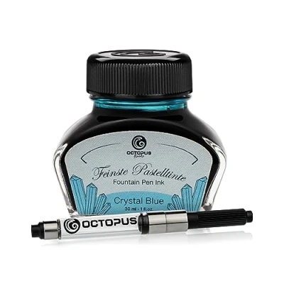 Image of Octopus Fluids Crystal Blue Fountain pen ink in Pastel colours with converter, Writing inkwell, Calligraphy ink, 30 ml
