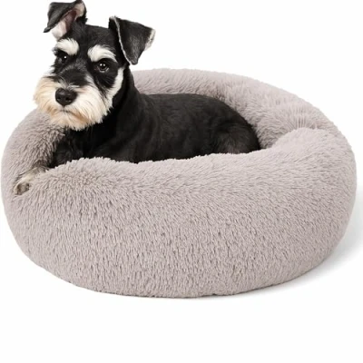 Image of SEOUGEE Calming Donut Dog Bed, Fluffy Plush Round Cat Cosy Soft Washable Cushion Warming Pet Beds with Non Slip Bottom, Indoor Sleeping Cuddler Nest for Small Dogs Cats (Taupe 50cm)