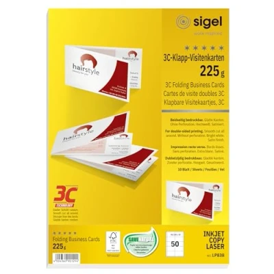 Image of SIGEL LP838, 180x55 mm (A4), Folding Business Cards, 3C, smooth cut all around, 225 gsm, printable, bright White, 50 Piecesequal to10 sheets