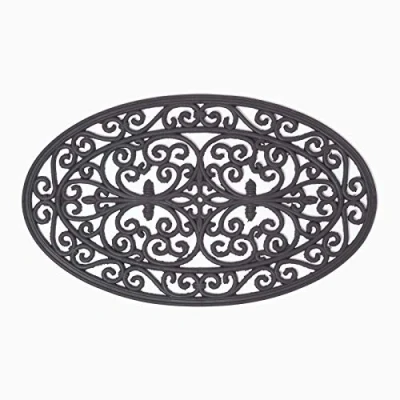 Image of HOMESCAPES Black Wrought Iron Effect Oval Rubber Doormat, 70 x 44 cm