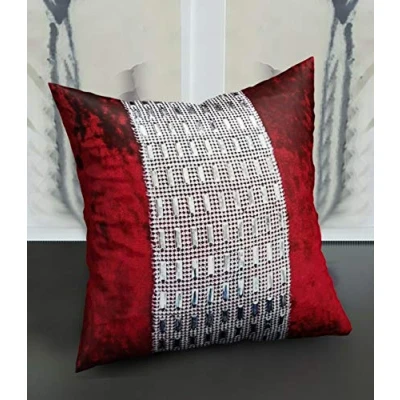 Image of Modern Crush Velvet Fabric Beautiful Diamante Cushion Covers (Dark Red, 18&quot; x 18&quot;)
