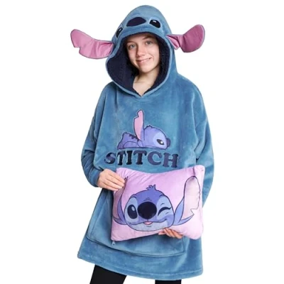 Image of Disney Stitch Girls Teenagers Fleece Hoodie Blanket 2 in 1 Oversized One Size Gifts (Blue Stitch)